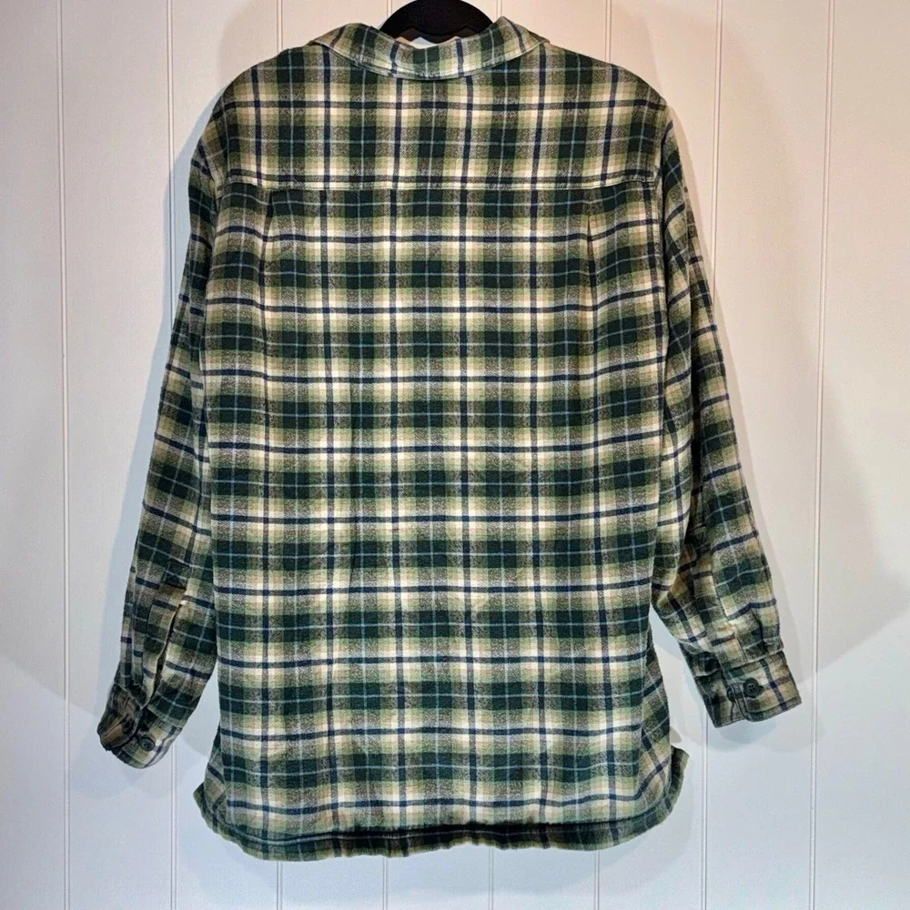 LL Bean Fleece Lined Flannel Shirt Mens Medium Green Plaid Button Up Jacket